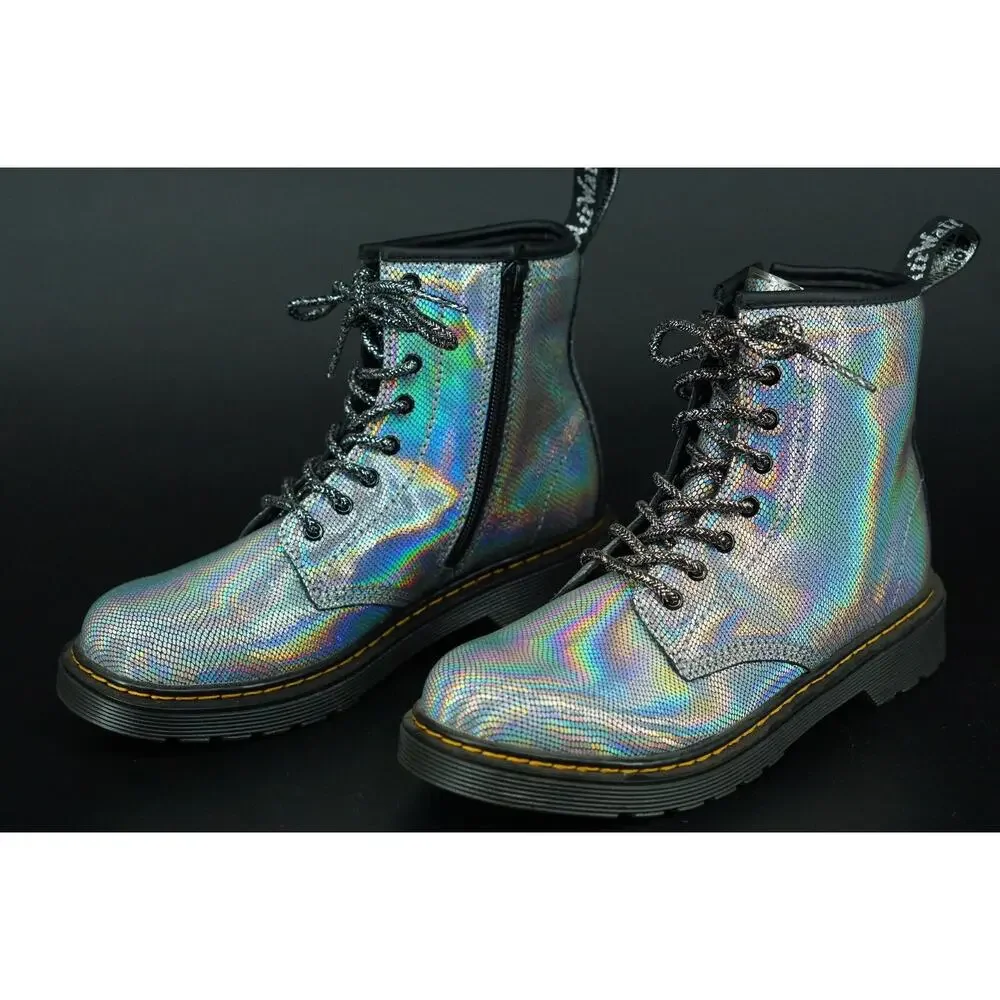 Doc Martens 1460 J Combat Ankle Boots size 5 US laces Silver Reptile Holo Biker